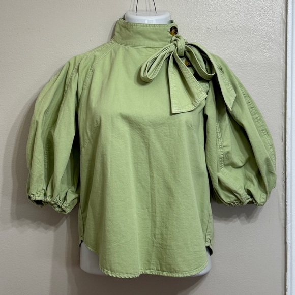 NWT - A Loves A - Denim Neck Tie 3/4 Puffed Sleeve Pleated Shoulder Top - Green - Picture 3 of 7